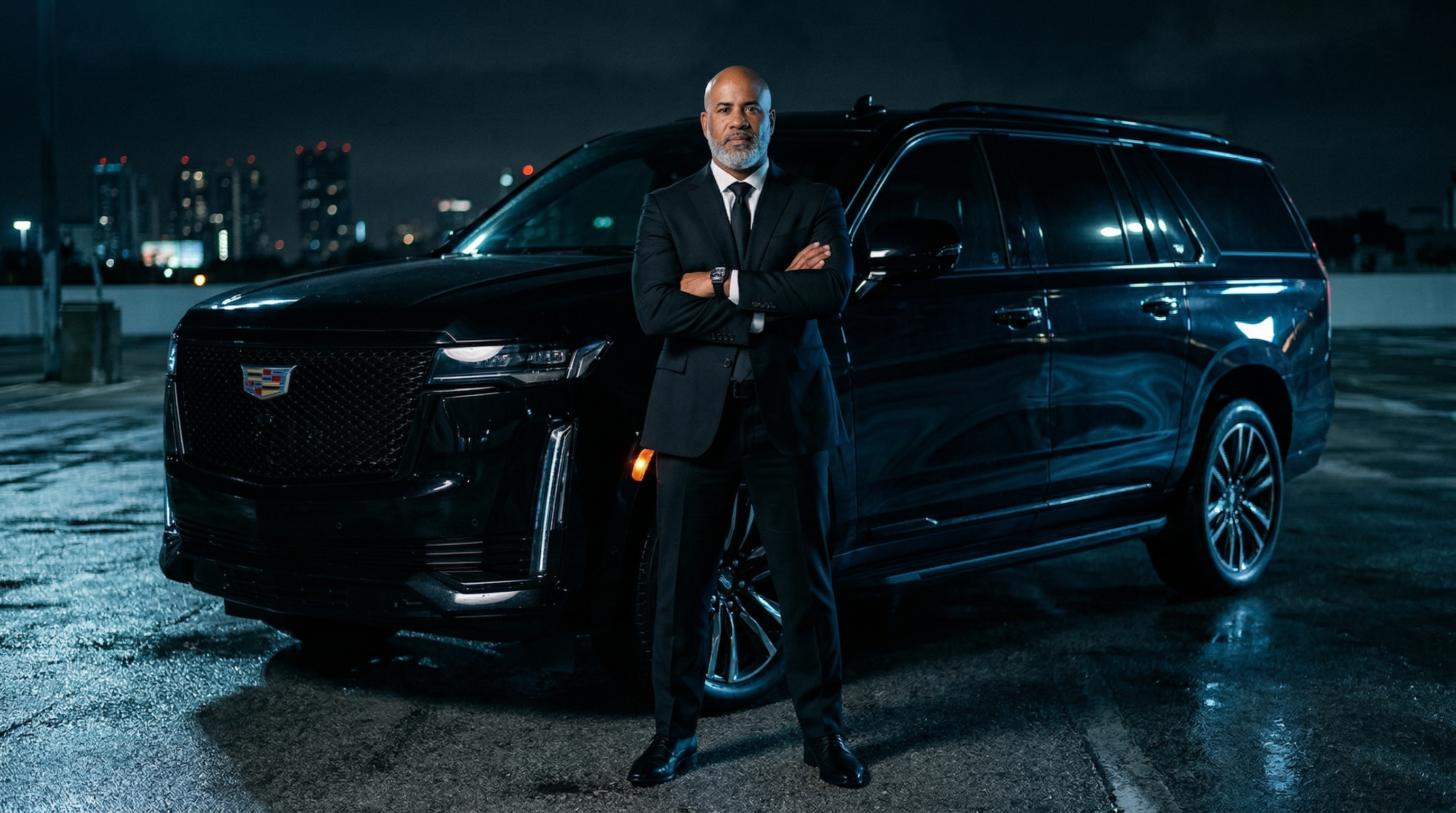 Security professional standing in front of a luxury vehicle at night